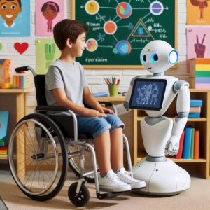 A boy in a wheelchair learning with a robot